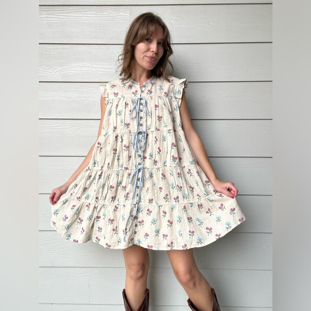 NWT Free People Cream Floral Mini Dress Boho Fairy Cottage Summer Dress, Small